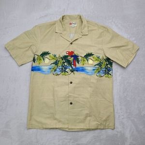 Hilo Hattie Shirt Mens Large Beige Green Parrot Hawaiian Beach Casual Outdoor